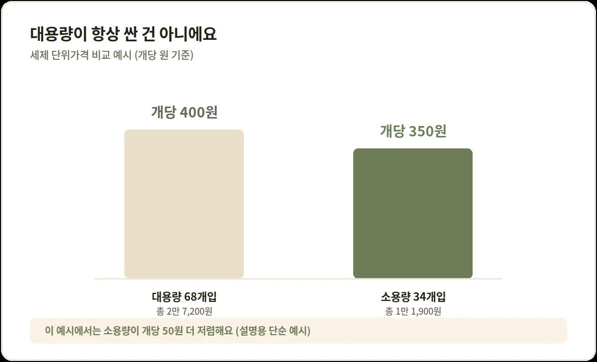세제 예시로 본 단위가격 비교, 대용량 68개입 개당 400원과 소용량 34개입 개당 350원, 소용량이 개당 50원 더 저렴한 역전 사례
