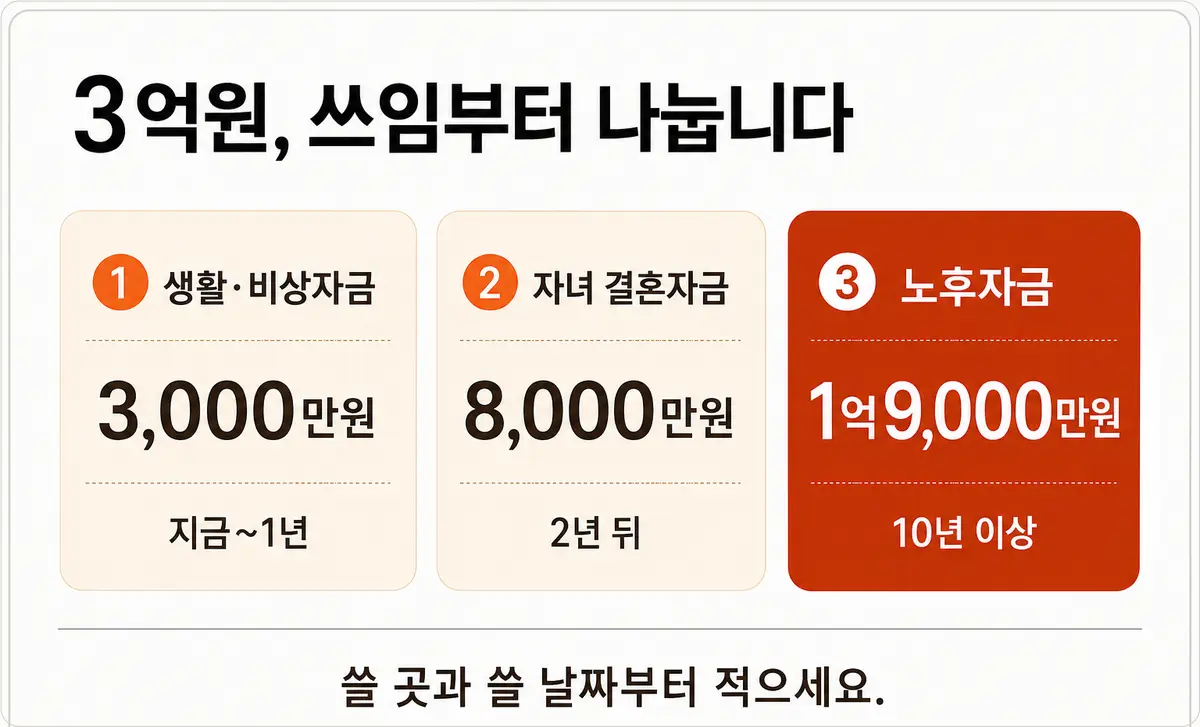 3억원을 생활·비상자금 3,000만원, 자녀 결혼자금 8,000만원, 노후자금 1억9,000만원으로 나눈 목적별 자금 배분표