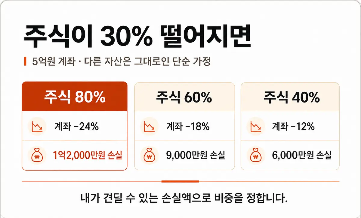 5억원 계좌에서 주식 비중 80%, 60%, 40%일 때 주식이 30% 하락하면 각각 1억2,000만원, 9,000만원, 6,000만원 손실이 나는 비교표